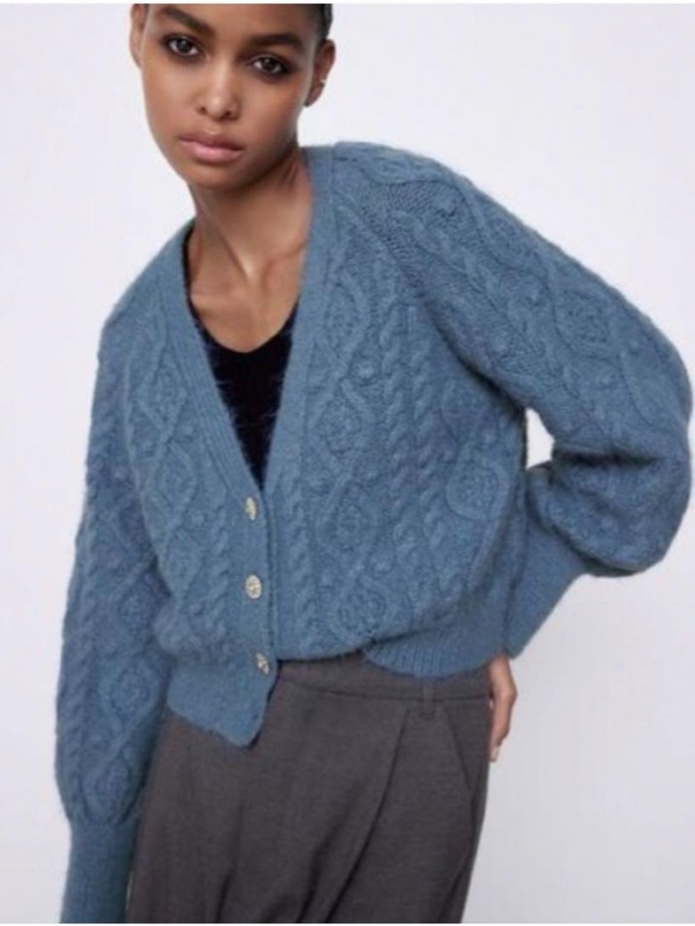 Zara Blue Cable-Knit V-Neck Cardigan Jewel Buttons | Fall Feminine Size M